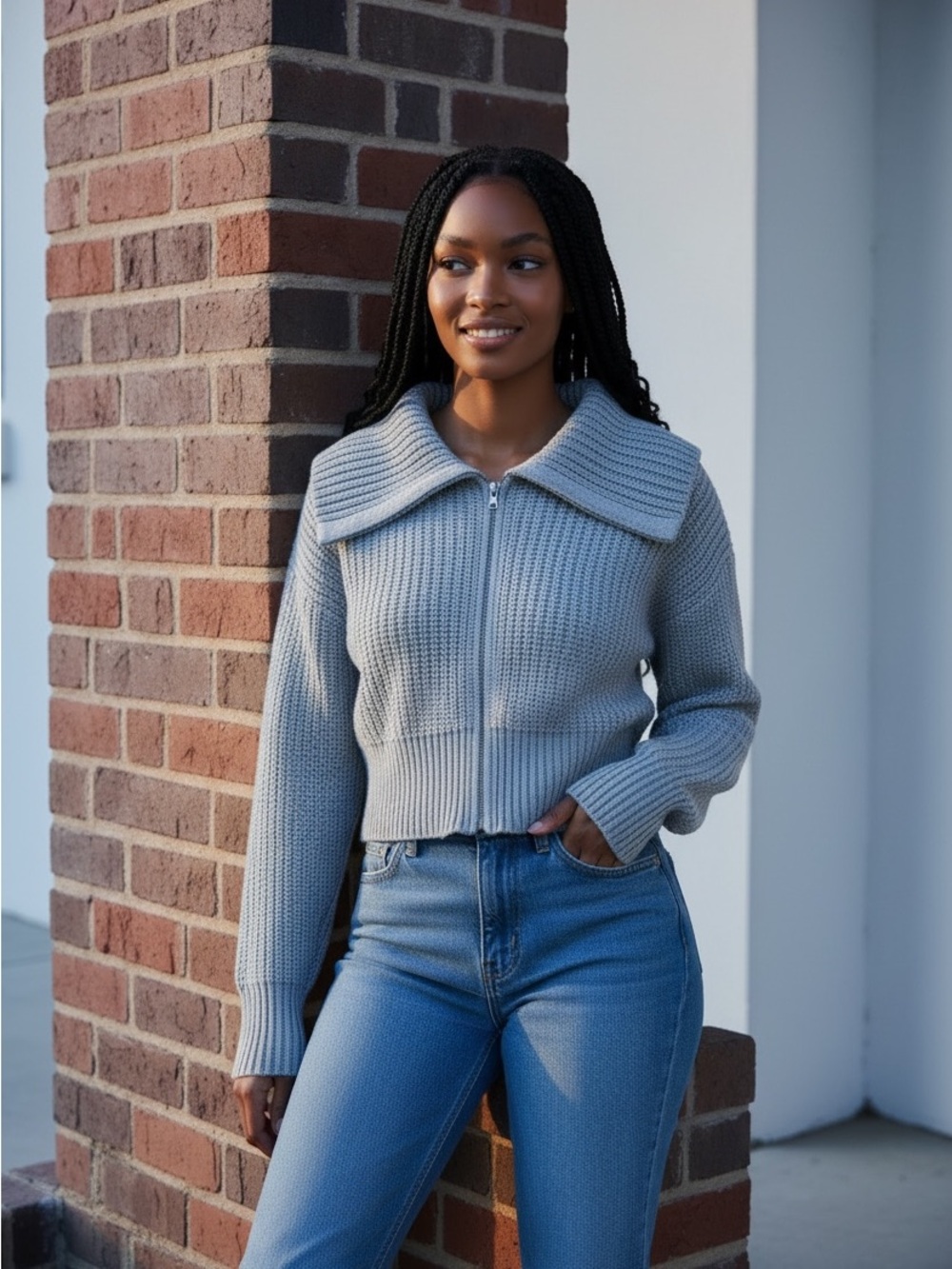 Aerie Cropped Chunky Knit Cardigan Sweater Double Zip Gray Ribbed Size Small
